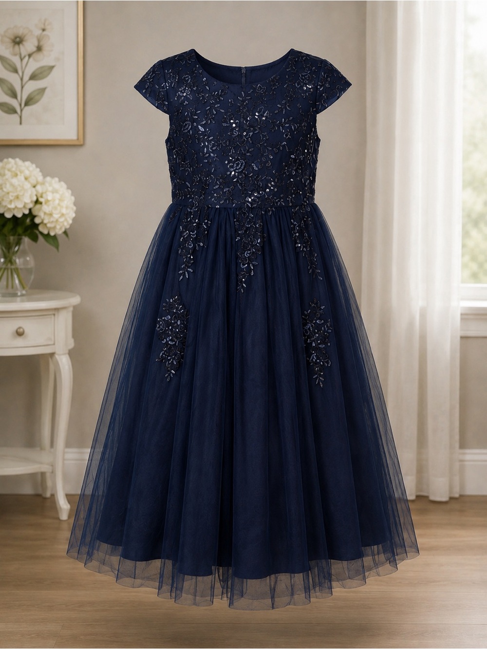 Embellished Navy Tulle Girls' Party Dress